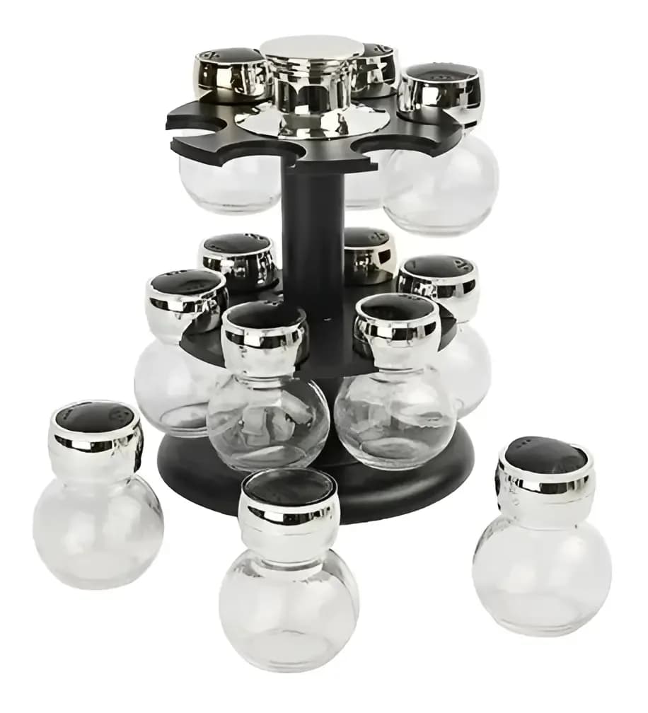 Especiero Giratorio Ms 12 Frascos Vidrio Negro/gris Cocina Compacto