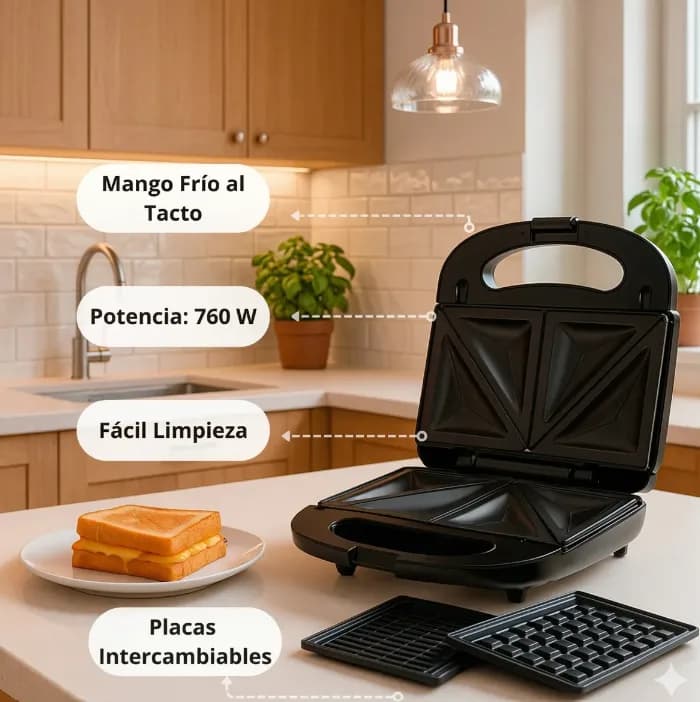 Sandwichera Waflera Parrilla 3 En 1 Placas Desmontables 750w