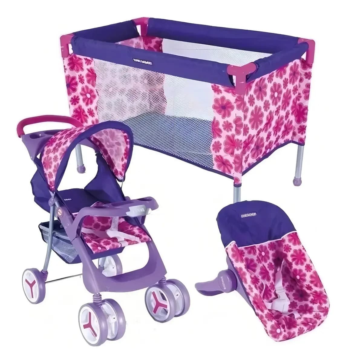 Set Juguetes Muñeca Biemme Cochecito 3 En 1 Cuna Y Porta Bebé Violeta