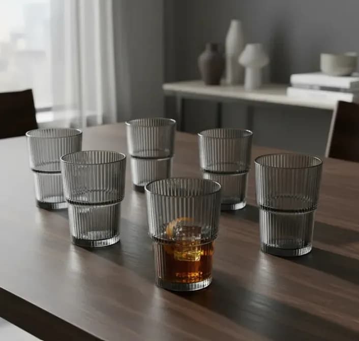 Set X6 Vaso Labrado Rayas Verticales Apilable 450ml En Caja